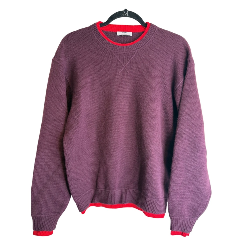 Aritzia TNA Wool Blend Crewneck Sweater Plum Purple Red Trim XS 127645